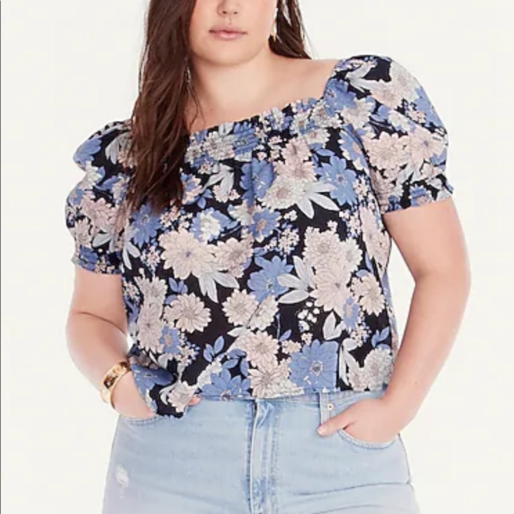 NWT J. Crew Squareneck Puff-Sleeved Crop Length Top Zinnia Floral Blue Small S